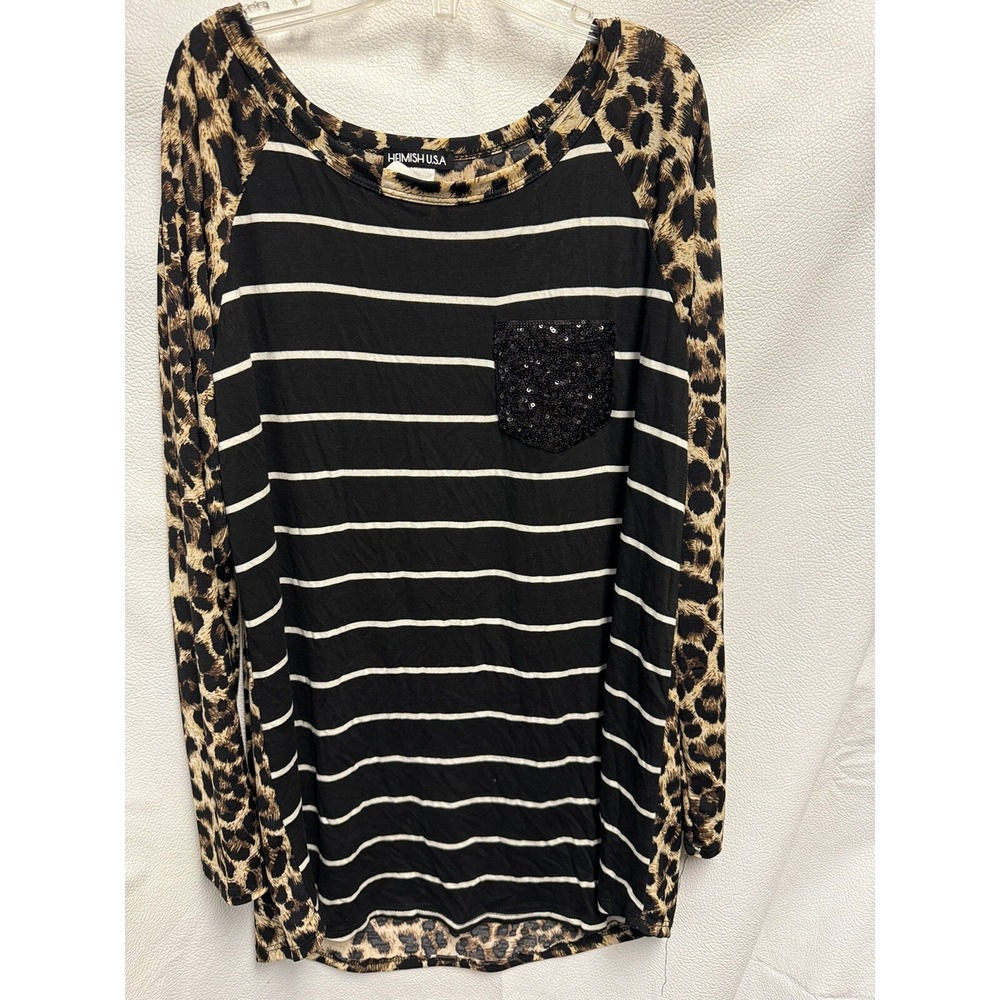 Heimish USA Size S Stripe With Animal Print  Sleeves Pullover Shirt LS Sequins